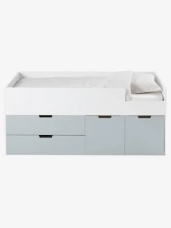 Lit Enfant Mi-hauteur XL Avec Rangements LIGNE PASSE-PASSE Blanc - Gris - Vertbaudet -Vertbaudet Shop lit enfant mi hauteur xl avec rangements ligne passe passe 2